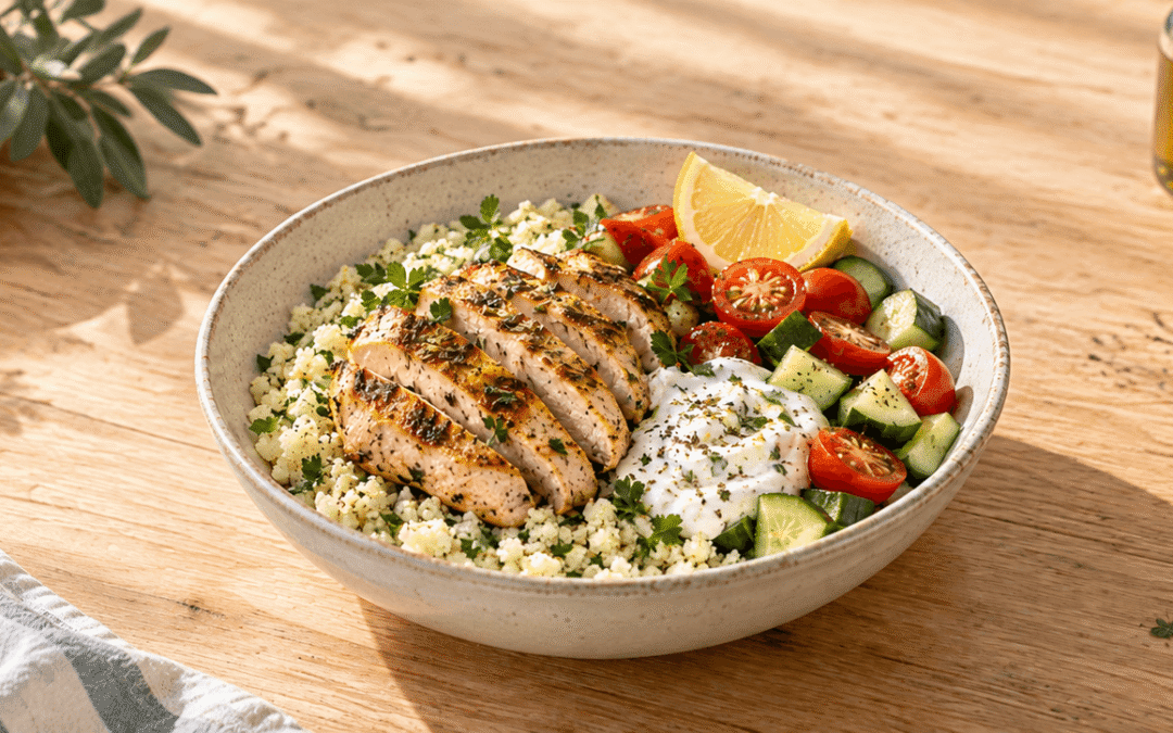 Bol mediterráneo de pollo y cuscús de coliflor
